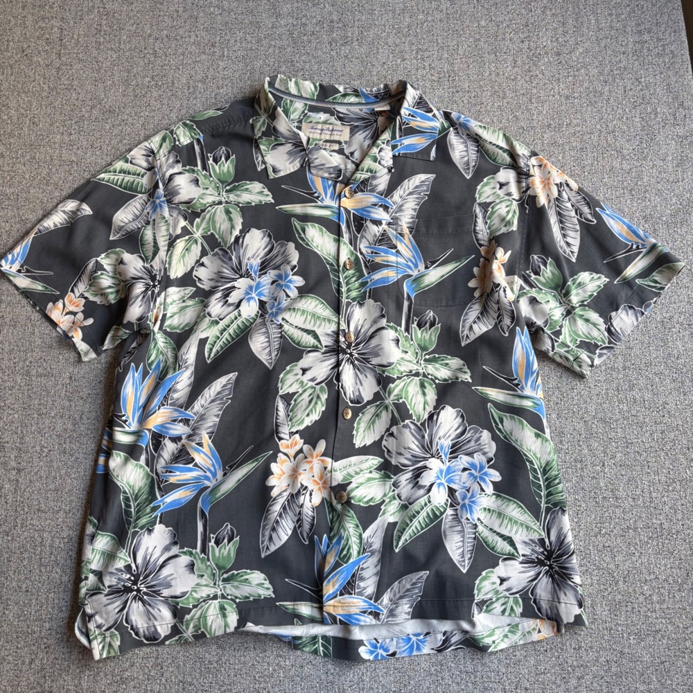 Tommy Bahama Shirt Mens XXL Grey Heritage Tortola Silk Bird of Paradise Floral